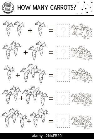 Ostern-Schwarzweiß-Zählspiel mit Karotten. Urlaubsaktivität für Vorschulkinder mit Gartenmotiv. Lehrreiches mathematisches Arbeiten im Frühling Stock Vektor