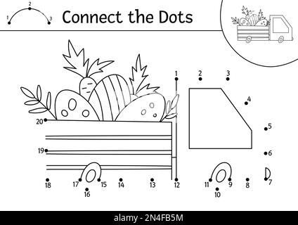 Vector Easter – Punkt-zu-Punkt- und Farbenspiel mit niedlichem Auto mit Eiern und Karotten. Die Frühlingsferien verbinden das Dots-Spiel für Kinder mit dem traditionellen sy Stock Vektor