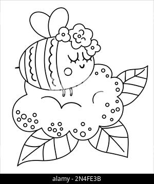 Vektor-Boheme-Hummel mit Blumen auf dem Kopf. Schwarzweißes Waldinsekt isoliert auf weißem Hintergrund. Boho-Waldblütenzusammensetzung mit Anim Stock Vektor