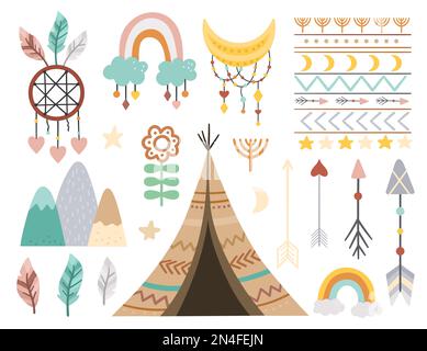 Vector-Boho-Elemente-Kollektion. Böhmischer Halbmond, Wigwam, Traumfänger, Blumen, Pfeile, Muster, Federn isoliert auf weißem Hintergrund. Himmlisch Stock Vektor