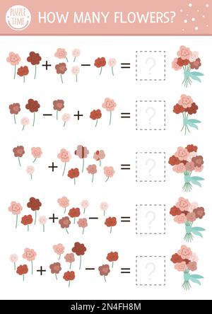 Muttertag passendes Spiel mit Blumen. Mathematikaktivität zur Feiertagszeit für Vorschulkinder mit Rosensträußen. Informatives druckbares Zählblatt mit Stock Vektor