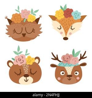 Ein Satz süßer wilder Tiergesichter mit Blumen auf dem Kopf. Sammlung der Avatare aus dem Wald von Boho. Lustige Illustration von Eule, Bär, Hirsch, Fuchs für Kinder. Stock Vektor