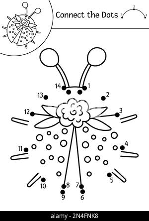 Vektor Punkt-zu-Punkt und Farbenaktivität mit niedlichem Marienkäfer. Die Frühlingsferien verbinden das Punktspiel für Kinder mit lustigen Waldinsekten. Waldfärbung Stock Vektor