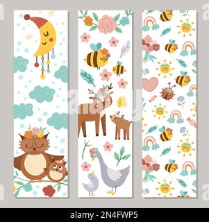 Set von Osterlesezeichen oder Grußkartenvorlagen. Vertikale Poster oder Einladungen zum Frühjahrsfest. Hellgrüne Rahmendarstellung mit traditionellen s Stock Vektor