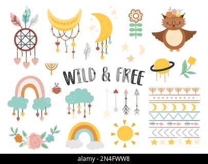 Vector Wild and Free Elements Kollektion. Böhmische Illustrationen. Halbmond, Planet, Traumfänger, Blumen, Pfeile, Eule isoliert auf weißem Backgro Stock Vektor