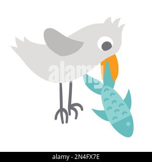 Vektorvogel mit Fisch im Schnabel. Lustige Wälder oder Meerestiere. Süßes Waldbild für Kinder isoliert auf weißem Hintergrund. Süße Möwe ico Stock Vektor