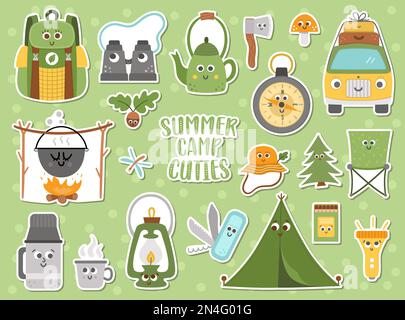 Süße Kawaii-Sticker-Set für das Vector-Sommercamp. Camping, Wandern, Angelausrüstung, Patch-Sammlung. Outdoor-Natur-Tourismus-Ikonen mit Rucksack, V Stock Vektor