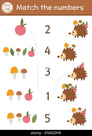 Das Zahlenspiel lässt sich mit Äpfeln, Pilzen und lustigen Igeln kombinieren. Forstwirtschaftliche Mathematik für Vorschulkinder mit niedlichem Waldtier. Pädagogisch Stock Vektor