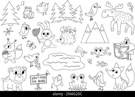 Vektor schwarz-weiße Waldtiere, Insekten und Vögel. Lustige Kollektion mit Symbolen am Lagerfeuer im Wald. Süße Waldlinien-Illustration für Kinder Stock Vektor