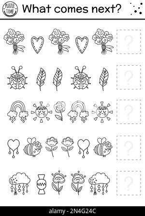 Was kommt als Nächstes? Muttertag Schwarz-Weiß-passende Aktivität für Vorschulkinder mit traditionellen Urlaubssymbolen und Tieren. Lustig lehrreich Stock Vektor
