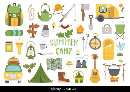 Vector-Sommercamp-Set. Camping, Wandern, Angelausrüstung. Outdoor-Natur-Tourismus-Ikonen mit Rucksack, Van, Stange, Kleidung, Kamin, Stock Vektor