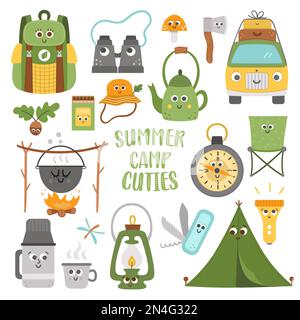 Süßes Kawaii-Set im Vector-Sommercamp. Camping, Wandern, Angelausrüstung. Outdoor-Natur-Tourismus-Ikonen mit Rucksack, Minibus, Zelt Stock Vektor