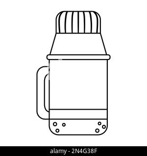 Schwarze und weiße Vektorflasche mit Thermoskanne auf weißem Hintergrund isoliert. Im Winter oder beim Camping werden traditionelle Erwärmungsgetränke dargestellt. Wandern mit heißem bier Stock Vektor
