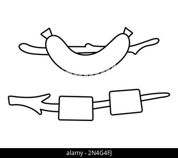 Vector Schwarzweiß-Wurst und Marshmallow auf dem Ast Symbol. Illustration der Restaurantlinie für den Sommergrill im Freien. Fastfood am Lagerfeuer zum Essen im Freien i Stock Vektor