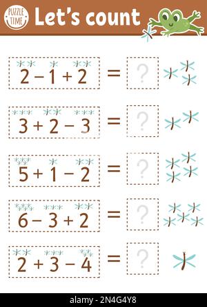 Wie viele Libellen spielen mit süßen Insekten und Frosch. Mathematikaktivität im Sommerwald für Vorschulkinder. Ausdruckbares einfaches Arbeitsblatt zum Zählen Stock Vektor