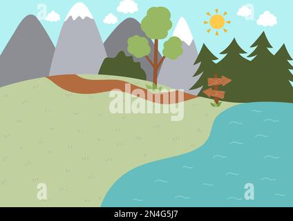 Hintergrund des Sommerlagers. Natur leere Landschaft mit Bergen, Bäumen, Pfaden, Wald, See und hölzernen Wegweisern. Vektorwaldszene. Aktiver Holid Stock Vektor