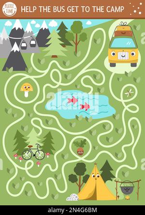 Sommerlager-Labyrinth für Kinder. Aktive Feiertage Vorschule druckbare Aktivität. Familienausflug in die Natur, Labyrinth-Spiel oder Puzzle mit niedlichem Kawaii-Bus Stock Vektor