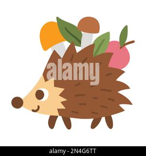 Vektor-Igel mit Pilzen und Apfel. Lustige Waldtiere-Ikone. Süßes Waldbild für Kinder isoliert auf weißem Hintergrund. Stock Vektor