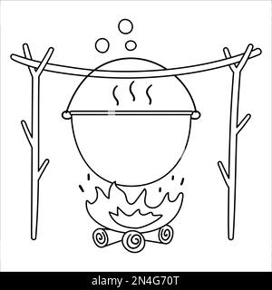 Vector schwarz-weißer Kessel hängt an Baumzweigen über dem Feuer. Umrisszeichnung des Lagerfeuertopfs isoliert auf weißem Hintergrund. Herbst oder Sommer Stock Vektor