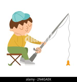 Ein süßer Vektorjunge, der auf einem Klappstuhl sitzt und angeln will. Spielszene am Lagerfeuer mit niedlichem Kind und Rod. Reisender isoliert auf weißem Hintergrund. Im Freien Stock Vektor