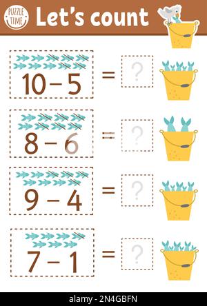 Wie viele Fischspiele mit süßen Fischen im Eimer mit Wasser. Mathematik-Subtraktionsaktivität im Sommer für Vorschulkinder. Druckbar einfaches Zählen funktioniert Stock Vektor