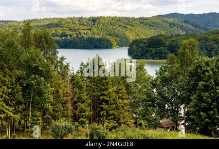 Panoramablick auf den See Jezioro Ostrzyckie mit Waldufer vom Jastrzebia Gora Hawk Mountain in Ostrzyce Dorf Kaschubia in Pommern r Stockfoto