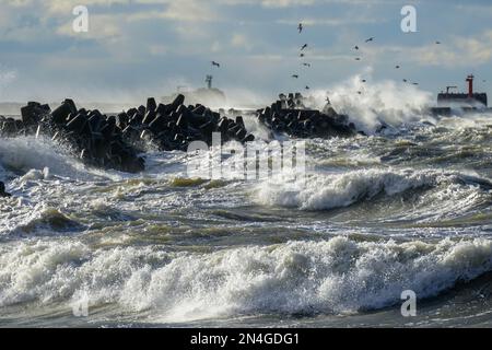 Küstensturm in der Ostsee, große Wellen stürzen gegen den Betonbruch am Hafeneingang, brechende Welle, extremes Wetter Stockfoto