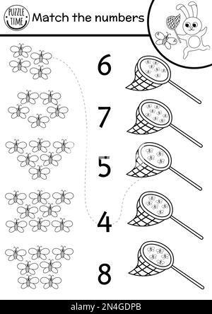 Das Schwarzweiß-Spiel muss mit Schmetterlingen im Netz abgeglichen werden. Forst-Mathematik-Modellaktivität für Vorschulkinder mit süßen Insekten und Kaninchen. Stock Vektor