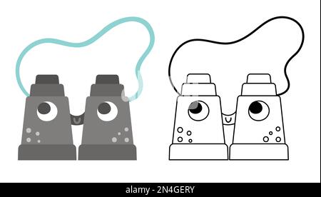 Vektor-Fernglas, farbig und schwarz-weiß dargestellt. Symbol für aktive Reise- oder Suchausrüstung. Auf weißem Bac isoliertes Reiseobjekt oder Lampenglas Stock Vektor