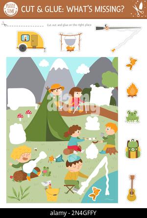 Vektor-Camping-Schnitt und Klebstoff-Aktivität. Informatives Bastelspiel im Sommerlager mit niedlicher Szene mit Kindern im Wald. Lustiges druckbares Arbeitsblatt für Kinder Stock Vektor