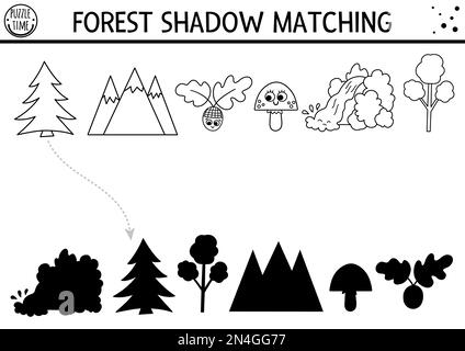 Wald oder Camping Schwarz-Weiß-Schatten passend zu Aktivitäten mit Naturelementen. Roadtrip-Puzzle mit Bergen. Suchen Sie die richtige Silhouette Stock Vektor