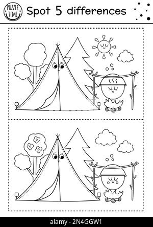 Camping findet Unterschiedsspiel für Kinder. Schwarz-Weiß-Aktivitäts- und Malseite mit niedlichem, lächelndem Kawaii-Zelt, Sonne, Boiler. Sommerlager oder Straße Stock Vektor