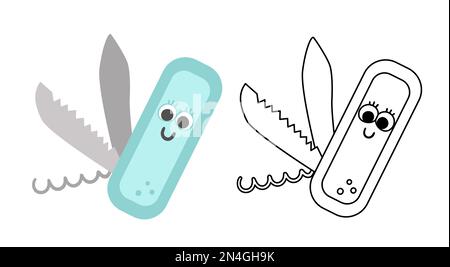 Vector Kawaii Klappmesser, farbig und schwarz-weiß dargestellt. Symbol für tragbare Schneidausrüstung. Klammergerät für aktiven Outdoor-Tourismus. Corksc Stock Vektor