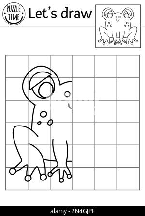 Vervollständigen Sie das Froschbild. Übungsblatt zum Zeichnen von Vektorwäldern. Bedruckbare Schwarz-Weiß-Aktivität für Vorschulkinder mit Tieren. Kopieren Sie das p Stock Vektor