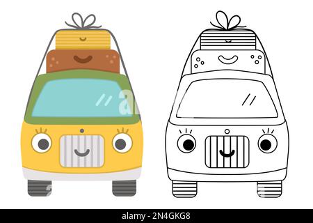 Vector-Touristenbus mit Koffer auf der Oberseite farbige und schwarz-weiße Illustration. Süßer Kawaii-Camper mit Augen und Mund. Fahrtfahrzeug-Konzept. Fu Stock Vektor