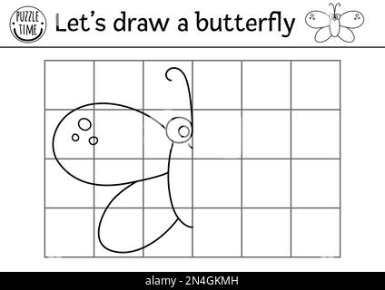 Vervollständigen Sie das Schmetterlingsbild. Übungsblatt zum Zeichnen von Vektorwäldern. Bedruckbare Schwarz-Weiß-Aktivität für Vorschulkinder mit Insekten. Verstanden Stock Vektor