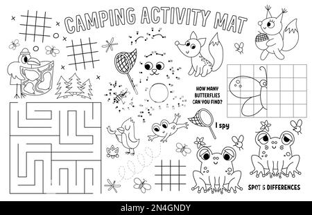 Vektor-Camping-Tischset für Kinder. Sommerferien ausdruckbare Spielmatte mit Labyrinth, Tic tac TOE Charts, verbinde die Punkte, finde den Unterschied. Schwarz Stock Vektor