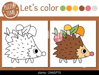 Waldfarbenseite für Kinder. Komischer Igel mit Apfel und Pilzen. Vektorzeichnung mit niedlichem Waldtier. Sommerfarbe bo Stock Vektor