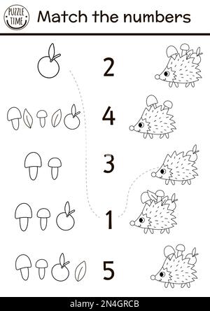 Das Schwarzweiß-Spiel mit lustigen Igeln vergleichen. Forst-Mathematik-Aktivität oder Malseite mit niedlichem Waldtier. Pädagogisches Printab Stock Vektor