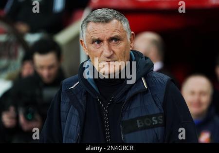 Tony Mowbray, Manager von Sunderland, während der vierten Wiederholung des FA Cup im Stadium of Light, Sunderland. Bilddatum: Mittwoch, 8. Februar 2023. Stockfoto