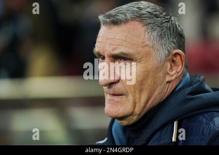 Tony Mowbray, Manager von Sunderland, während der vierten Wiederholung des FA Cup im Stadium of Light, Sunderland. Bilddatum: Mittwoch, 8. Februar 2023. Stockfoto