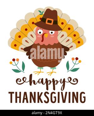 Thanksgiving-Karte oder Banner mit süßem truthahn in Pilgerhut und Beeren. Herbstdarstellung mit traditionellem Vogel und Text. Frohes Thanksgi Stock Vektor