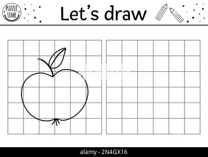 Kopieren Sie das Spiel zum Herbstthema für Kinder. Mach das Apfelspiel fertig. Arbeitsblatt zum Zeichnen von Vektoren zurück zur Schule. Druckbares Schwarz-Weiß-Akt Stock Vektor