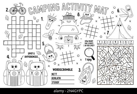 Vektor-Camping-Tischset. Sommerferien ausdruckbare Spielmatte mit Labyrinth, Tic tac TOE Charts, verbinde die Punkte, Kreuzworträtsel, Farbe nach Zahl. Schwarz Stock Vektor