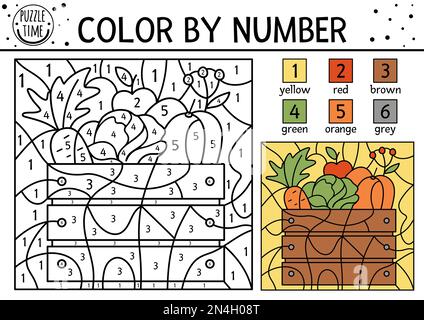Vektor Herbstfarbe nach Anzahl Aktivität mit Ernte in Holzkiste. Herbst, Thanksgiving oder Gartenfarben- und -Zählspiel mit Gemüse. Komisch Stock Vektor