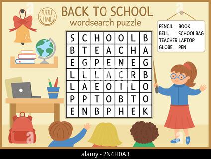 Wörtersuchrätsel für Kinder. Einfaches Herbstokrosswort mit Lektionsszene. Erzieherische Stichwortaktivität mit Lehrern im Unterricht Stock Vektor