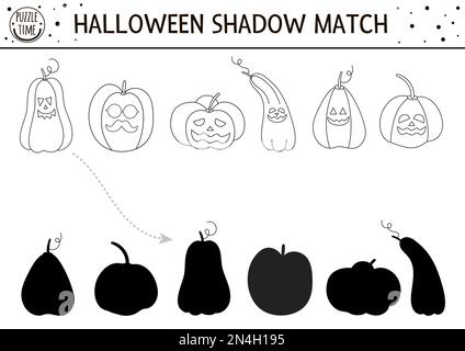 Halloween-Schwarz-Weiß-Schattenspiel. Puzzle mit Herbstumrissen oder Malseite mit Jack-o-Laternen. Spiel mit gruseligen Kürbissen. Finden Sie ihn Stock Vektor