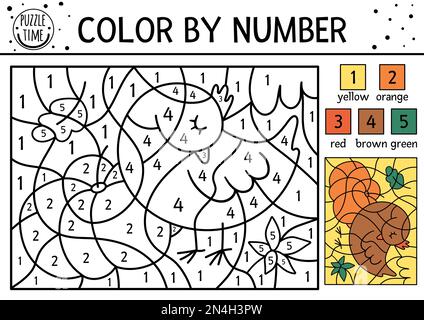 Vektor Herbstfarbe nach Anzahl Aktivität mit schlafendem Vogel, Kürbis, Blättern. Herbst, Thanksgiving oder Waldfarben- und -Zählspiel mit süßem Zeichen Stock Vektor