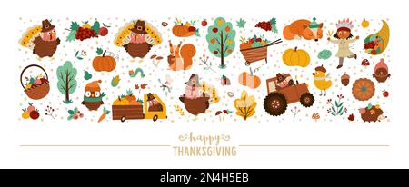 Horizontales Vektor-Set mit niedlichen komischen Waldtieren, Thanksgiving-Elementen, Kürbissen, Ernte. Herbstkartenvorlage mit Rand für Banner, Poster Stock Vektor