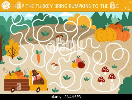 Thanksgiving-Labyrinth für Kinder. Herbstferien Vorschule-Druckaktivität. Herbstlabyrinth oder Puzzle mit niedlichem Vogel, der ein Auto mit Harve fährt Stock Vektor